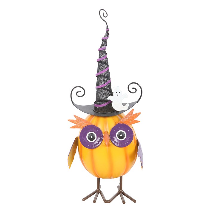Bernie- Orange Metal Owl Ornament with Witch Hat and Ghost