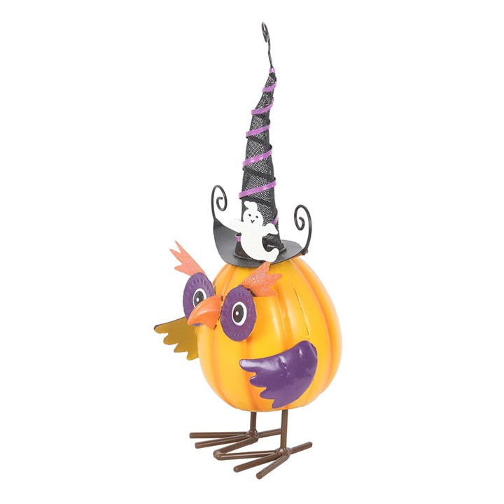 Bernie- Orange Metal Owl Ornament with Witch Hat and Ghost