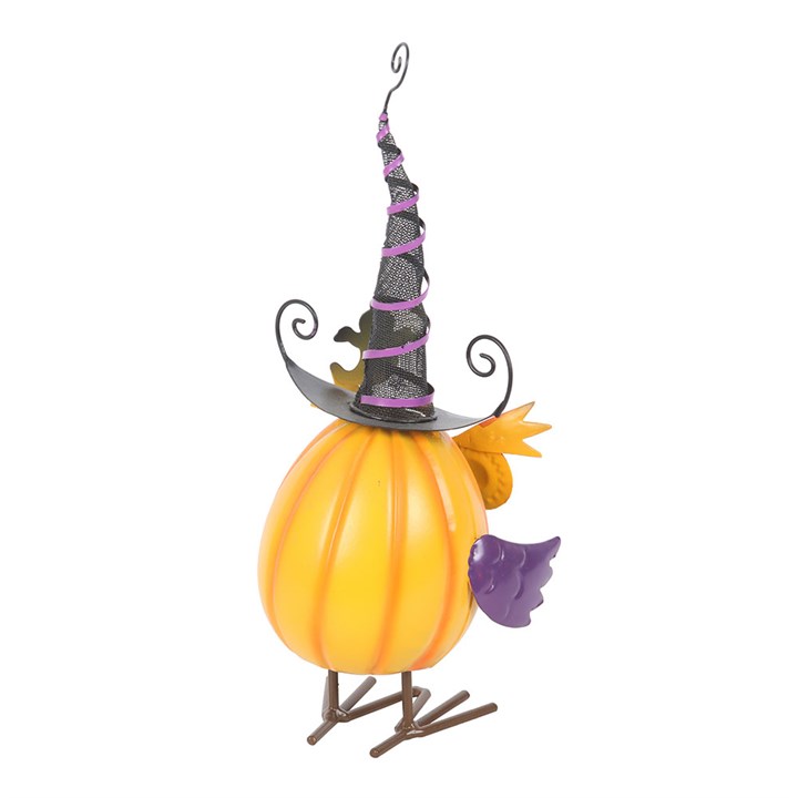 Bernie- Orange Metal Owl Ornament with Witch Hat and Ghost