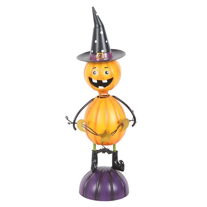 Barb- Orange Metal Pumpkin Man Ornament with Witch Hat