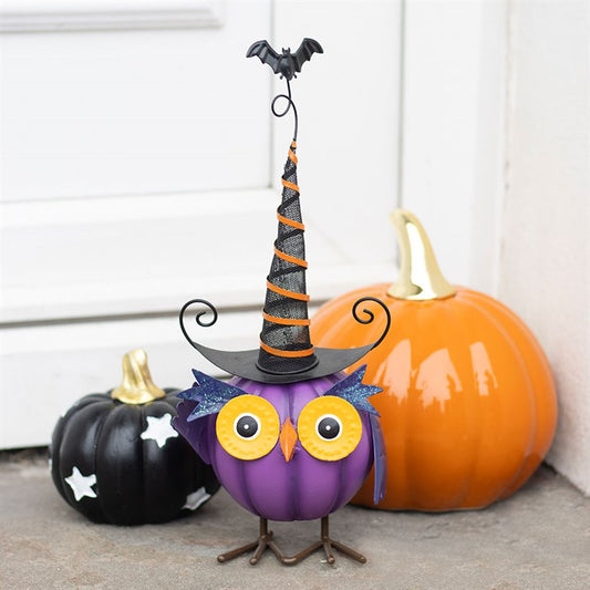 Ditsy- Purple Metal Owl Ornament with Witch Hat