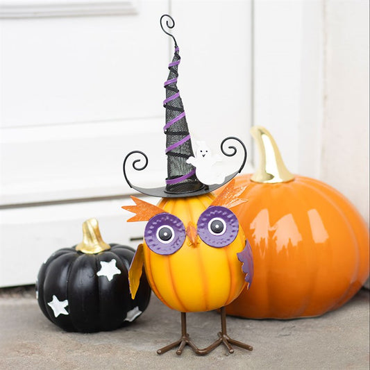 Bernie- Orange Metal Owl Ornament with Witch Hat and Ghost