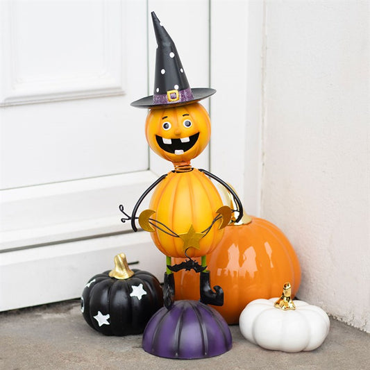 Barb- Orange Metal Pumpkin Man Ornament with Witch Hat
