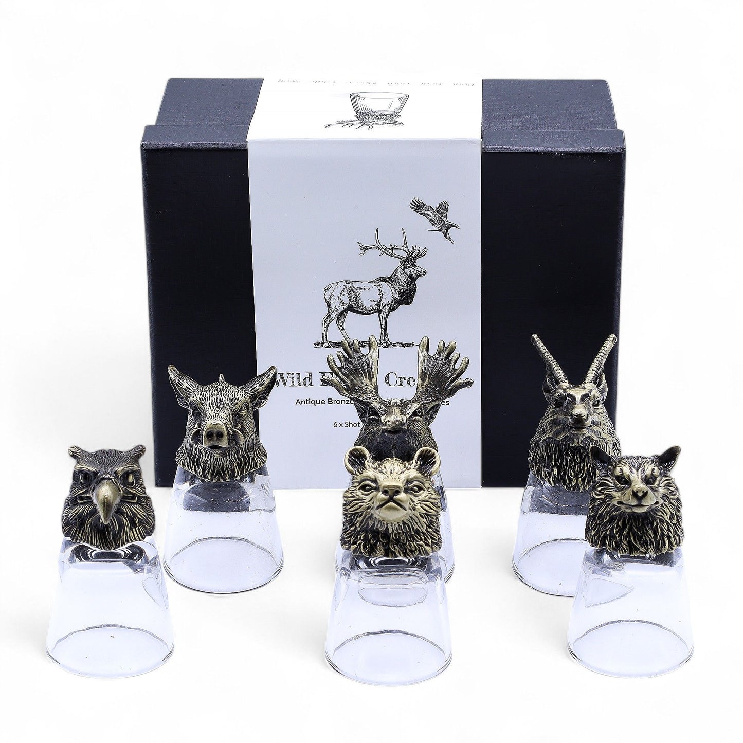 Gift Set of 6 Shot Glasses (50ml) - Wild Forest Creatures - Antique Bronze