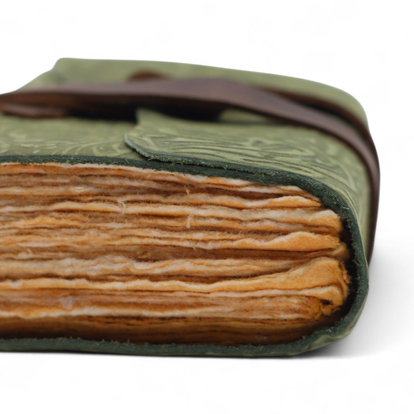 Fat Deckled Leather Notebook – Green Maze Pattern – 12.7×8.9 cm